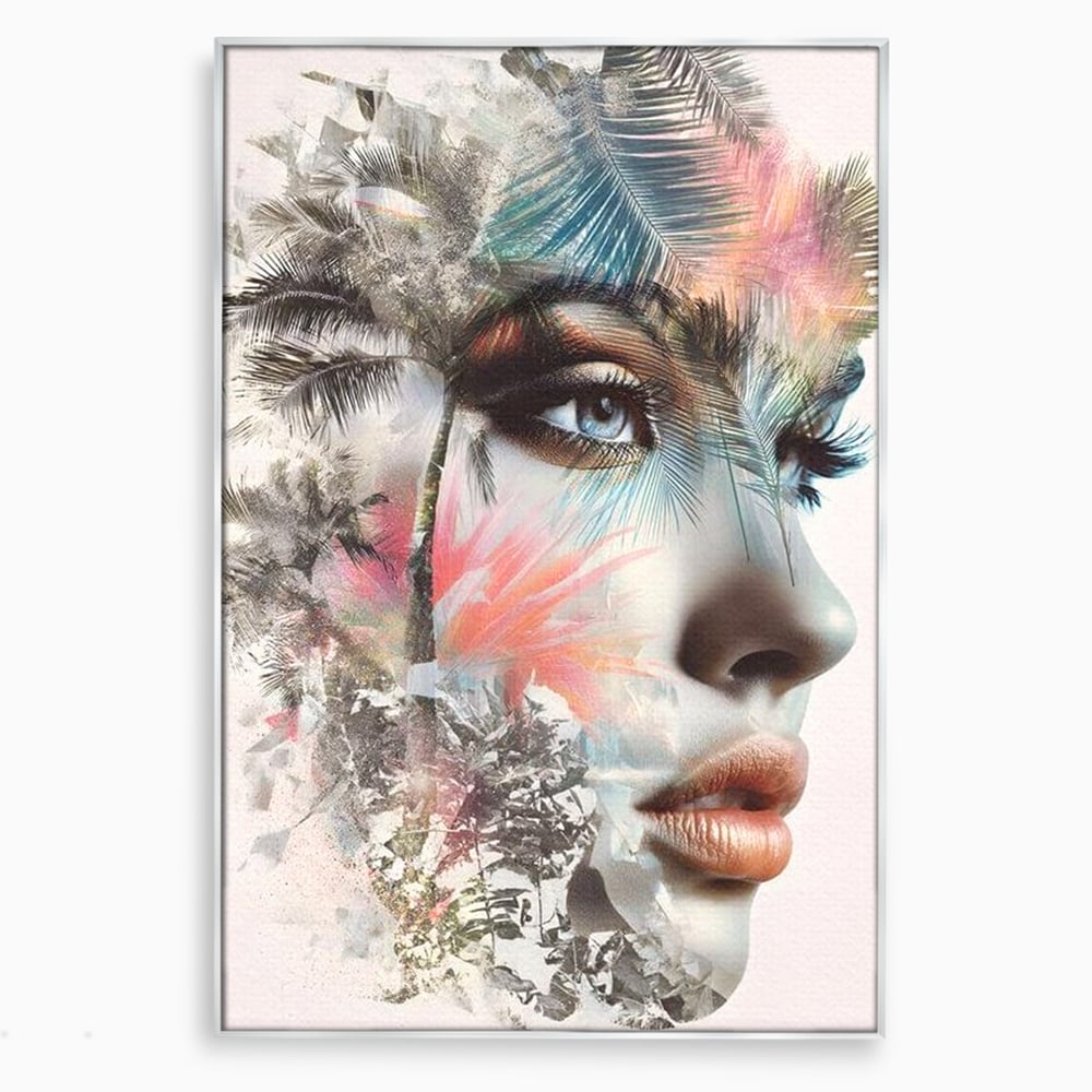 Tablou canvas cu tablou canvas cu portret feminin si palmieri, in rama de aluminiu argintiu
